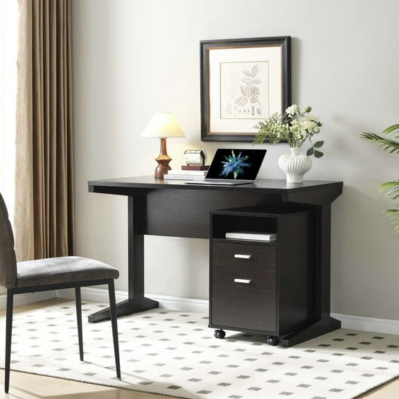 Modesty Panel Desk With Detached File Cabinet On Locking Wheels - Hue For Home Office Glides