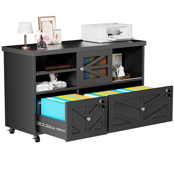 Modfurne 2 Drawer Lateral File Cabinet with Lock, Rolling Filing Cabinet for Home Office Fits Files Letter/Legal/F4/A4 (Black)