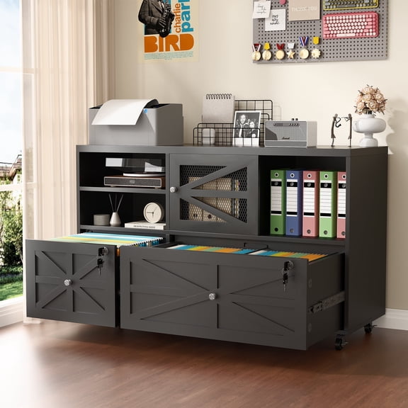 Modfurne 2 Drawer Lateral File Cabinet with Lock, Rolling Filing Cabinet for Home Office Fits Files Letter/Legal/F4/A4 (Black)