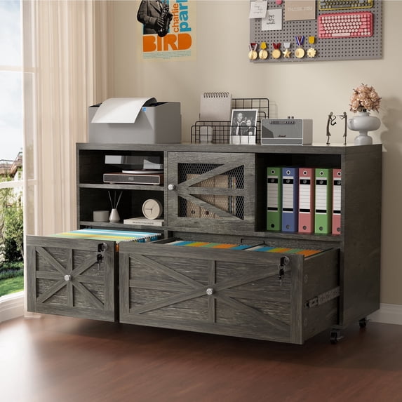 Modfurne 2 Drawer Lateral File Cabinet with Lock, Rolling Filing Cabinet for Home Office Fits Files Letter/Legal/F4/A4 (Gray)