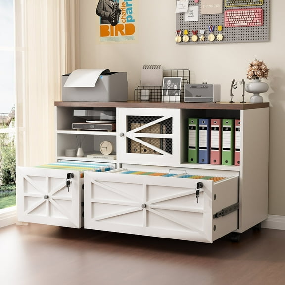 Modfurne 2 Drawer Lateral File Cabinet with Lock, Rolling Filing Cabinet for Home Office Fits Files Letter/Legal/F4/A4 (White + Brown)