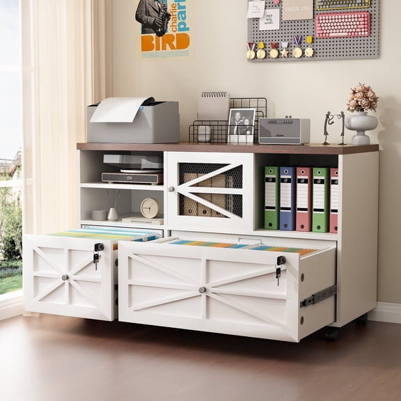 Modfurne 2 Drawer Lateral File Cabinet with Lock, Rolling Filing Cabinet for Home Office Fits Files Letter/Legal/F4/A4 (White + Brown)