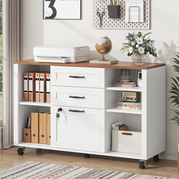 Modfurne 3 Drawer Wood Mobile Large lateral File Cabinet, Lockable Rolling Filing Cabinet, Printer Stand Home Office Storage Fits Files Legal/A4 (White)