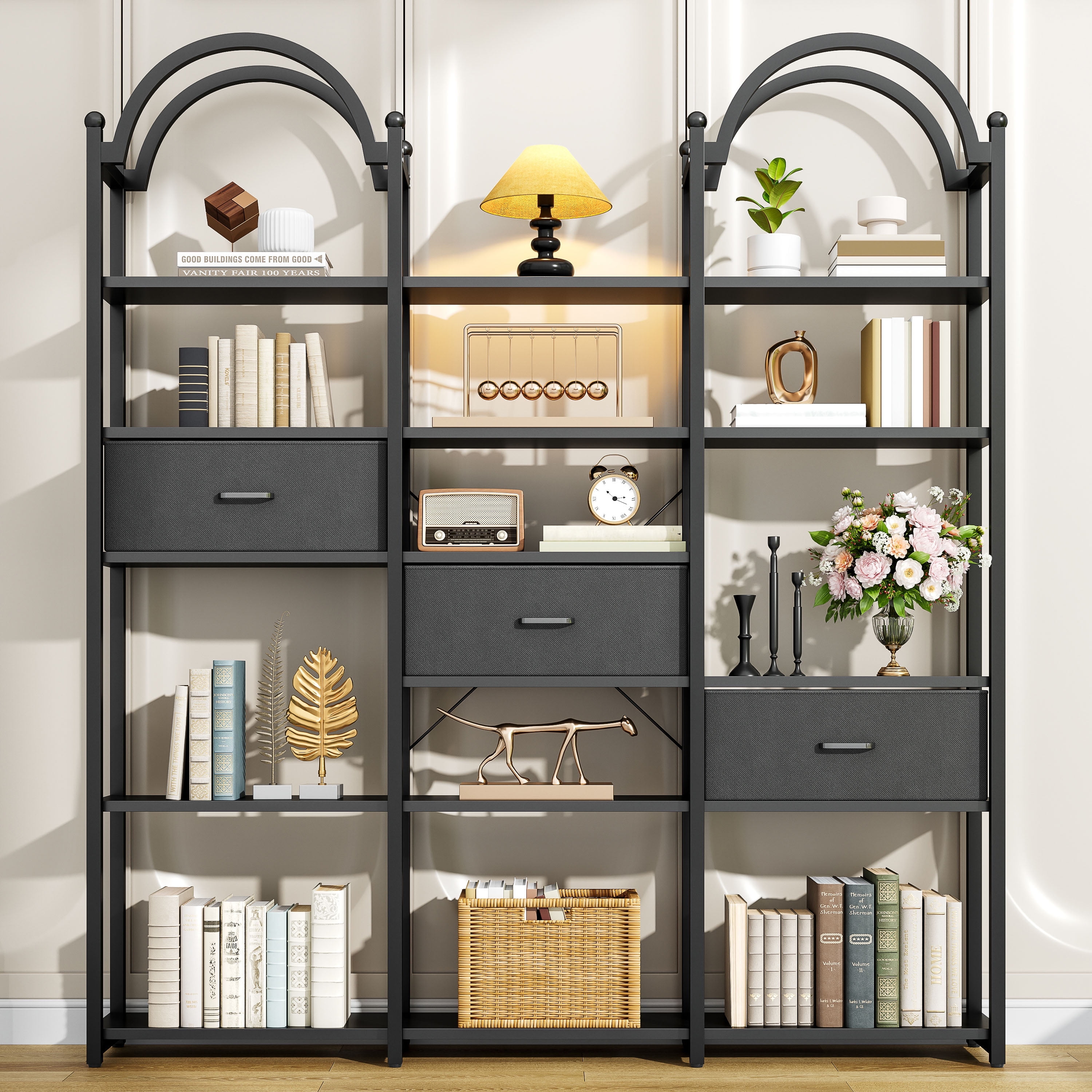 Modfurne 83.5" Tall Arched Bookshelf, Triple Wide 6-Tier Large Open Book Shelf Etagere Bookcase with Display Shelf and Metal Frame for Living Room, Black
