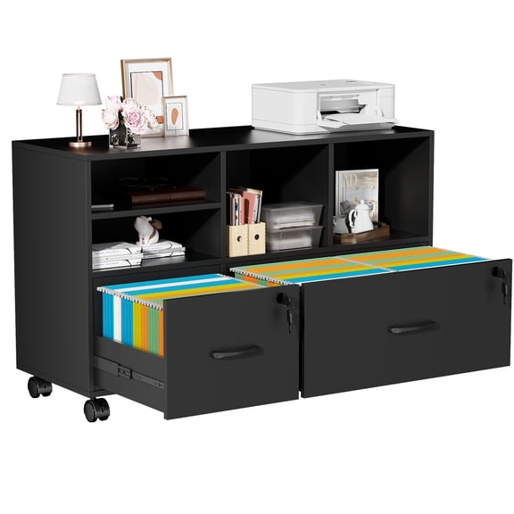 Modfurne Large Lateral File Cabinet with 2 Drawers, Wood Mobile Lockable Rolling Filing Cabinet, Printer Stand Office Storage Fits Files Legal/A4, Black