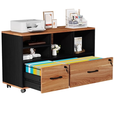 Modfurne Large Lateral File Cabinet with 2 Drawers, Wood Mobile Lockable Rolling Filing Cabinet, Printer Stand Office Storage Fits Files Legal/A4, Brown