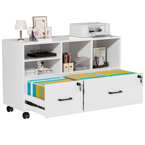 Modfurne Large Lateral File Cabinet with 2 Drawers, Wood Mobile Lockable Rolling Filing Cabinet, Printer Stand Office Storage Fits Files Legal/A4, White