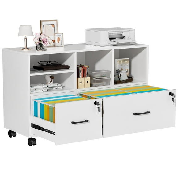 Modfurne Large Lateral File Cabinet with 2 Drawers, Wood Mobile Lockable Rolling Filing Cabinet, Printer Stand Office Storage Fits Files Legal/A4, White