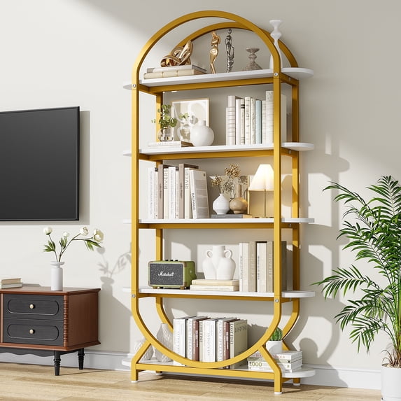 Modfurne Tall Bookshelf Arched Bookcase, Modern 5-Tier Book Shelves with Storage Organizer Living Room, Library, Home Office, Gold