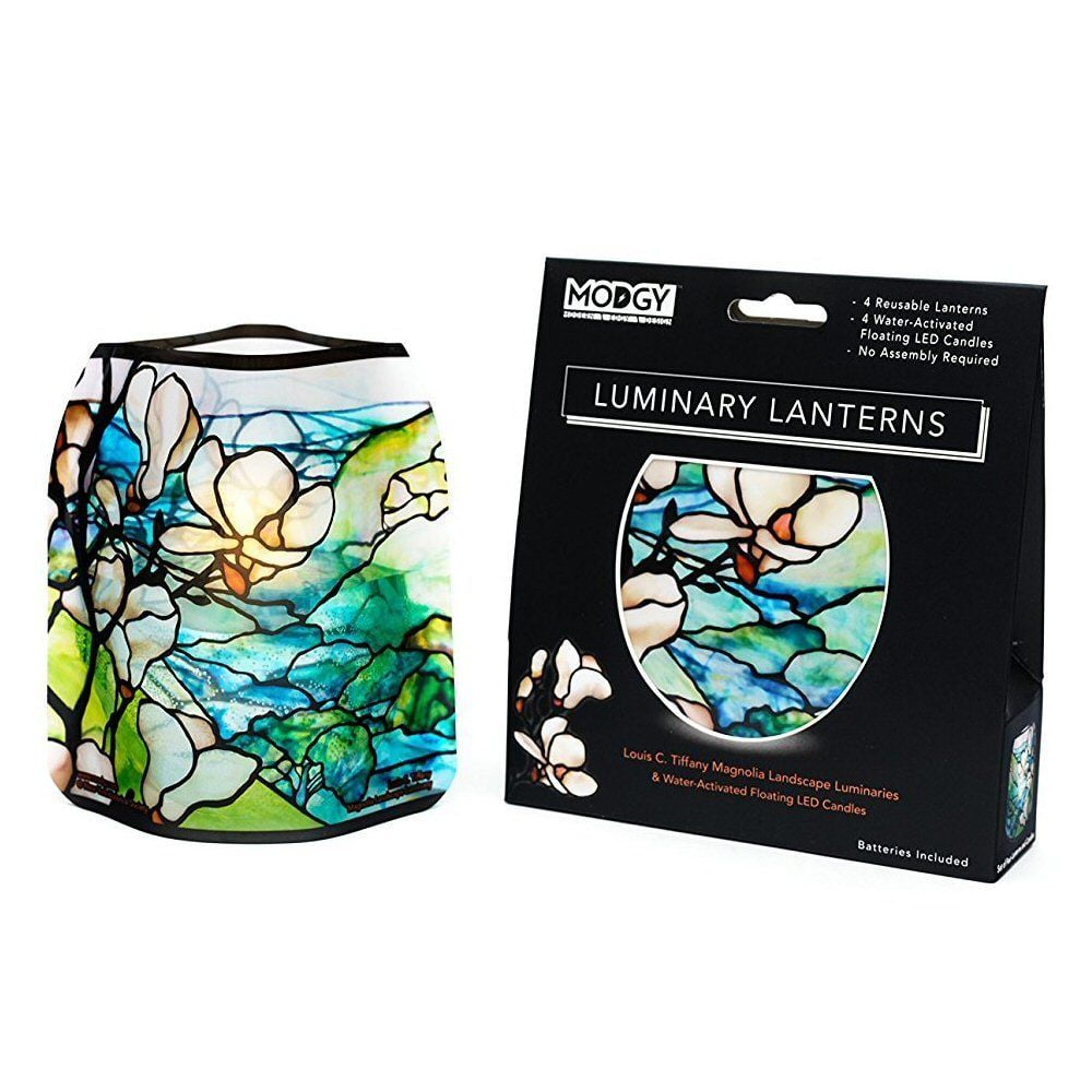 Magnolia Stained Glass Tabletop Candle Lantern Set with LED Candles
