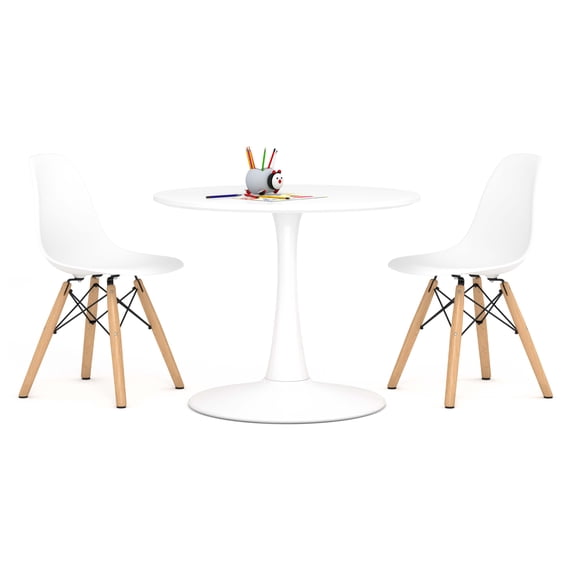 Modholic Kids Tulip Table & Set Of 2 Wood Leg Chairs, White