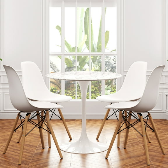 Modholic Tulip 32" Marble Dining Table & Eiffel Chairs Set