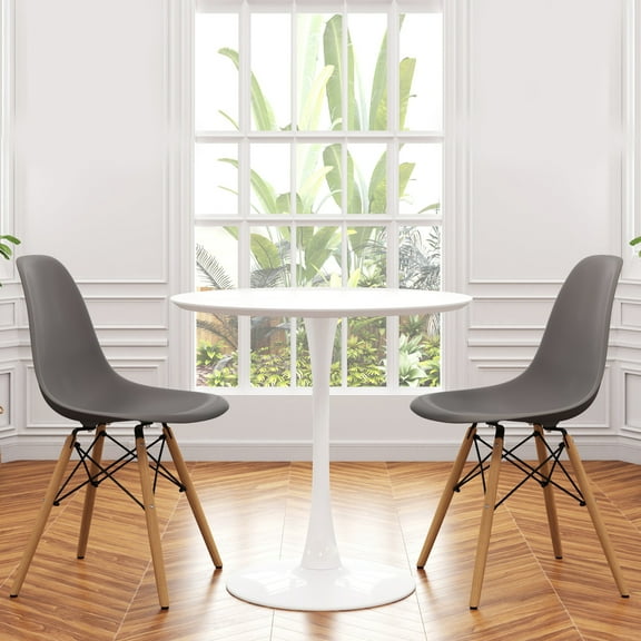 Modholic Tulip 36" Round Wood Dining Table & Set Of 2 Wood Leg Chairs, Gray