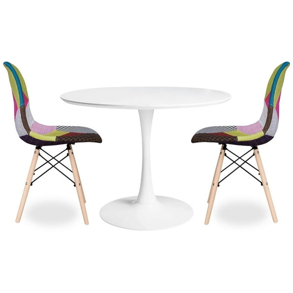 Modholic Tulip 36" Round Wood Dining Table & Set Of 2 Wood Leg Chairs, Multi Colour