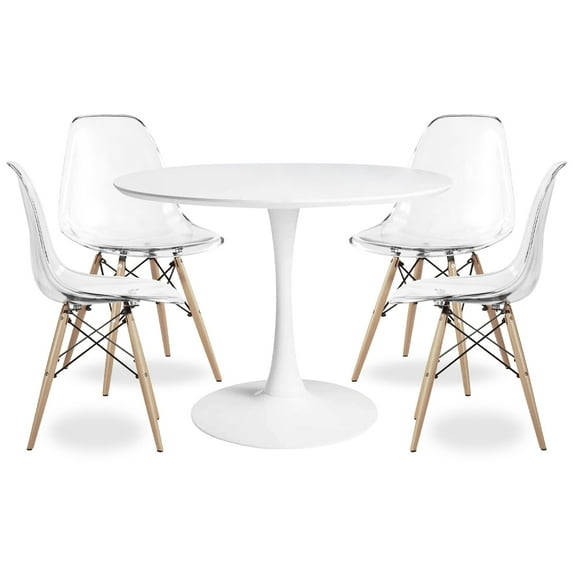 Modholic Tulip 36" Round Wood Dining Table & Set Of 4 Wood Leg Chairs, Clear