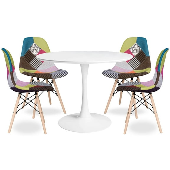 Modholic Tulip 36" Round Wood Dining Table & Set Of 4 Wood Leg Chairs, Multi Colour