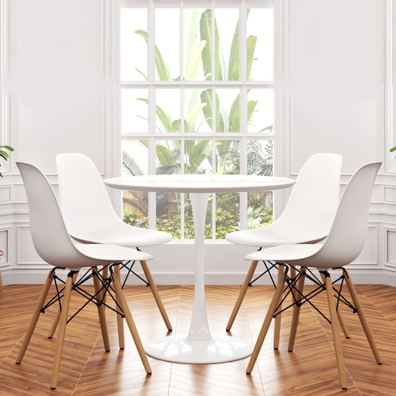 Modholic Tulip 36" Round Wood Dining Table & Set Of 4 Wood Leg Chairs, White