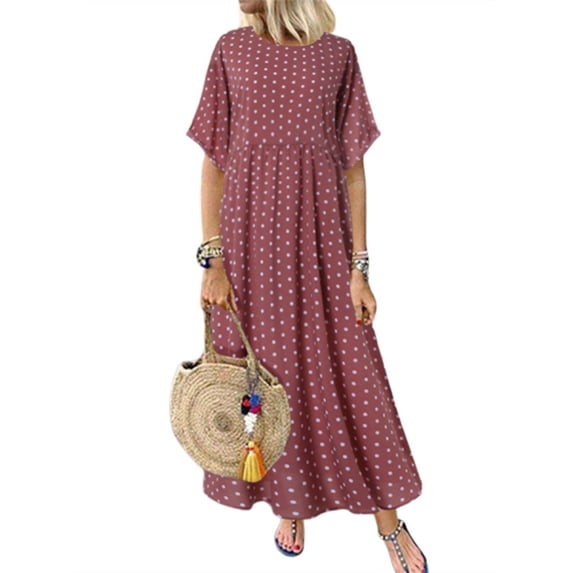 ZANZEA Womens Polka Dot Short Sleeve Long Dress Baggy Kaftan Maxi Dresses