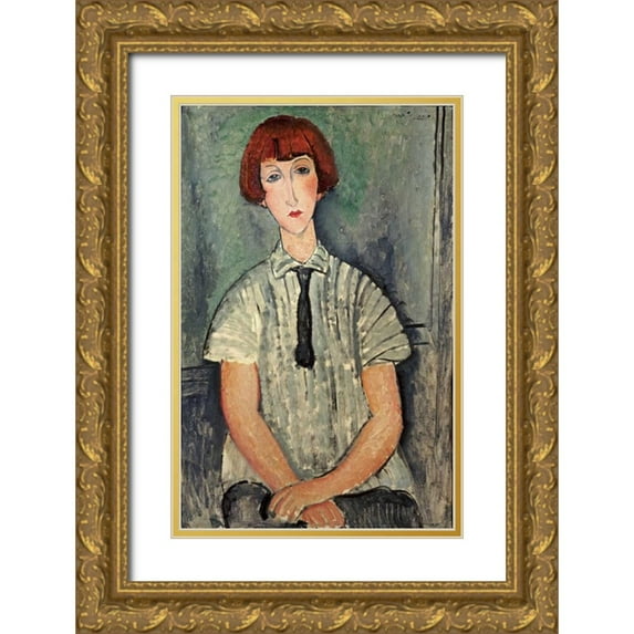 Modigliani, Amedeo 22x32 Gold Ornate Wood Framed with Double Matting Museum Art Print Titled - Young Girl In a Striped Shirt