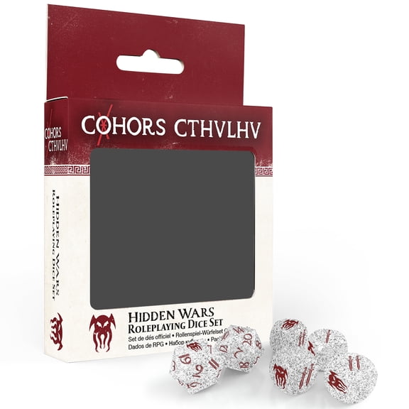 Cohors Cthulhu RPG: Hidden War Dice Pack - 6pc Set, White & Glittering Silver, Red Numbering & Symbols, 2 d20 & 4 d6 Die, Roleplaying Game Accessory