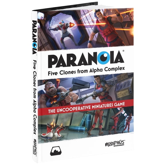Modiphius Entertainment: Paranoia Five Clones from Alpha Complex - Hardcover RPG Book, The Uncooperative Miniatures Game, Dark Humor Tabletop Gaming