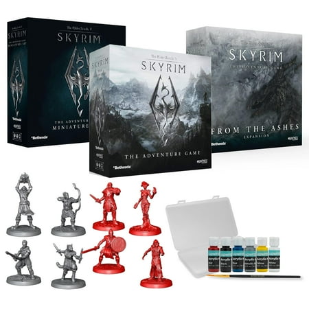 Modiphius The Elder Scrolls V Skyrim Board Game Bundle with The Ashes Expansion, The Miniatures Upgrade Set, and Liquidsentials Miniature Paint Set (4 Items)