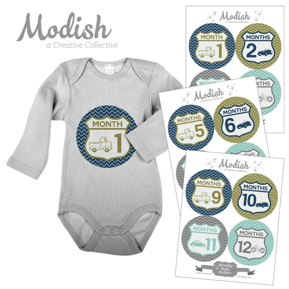 Modish Monthly Baby Stickers, Boy, Uptown Traffic, Vintage Cars, Mint, Gray, Navy Blue, Baby Photo Prop, Baby Shower Gift, Baby Book Keepsake
