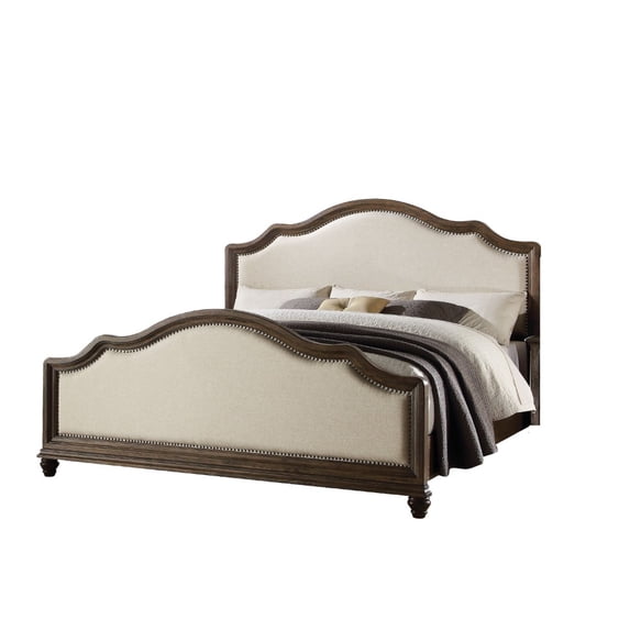 Modish Queen Size Bed With Arched Headboard And Footboard, Brown And White