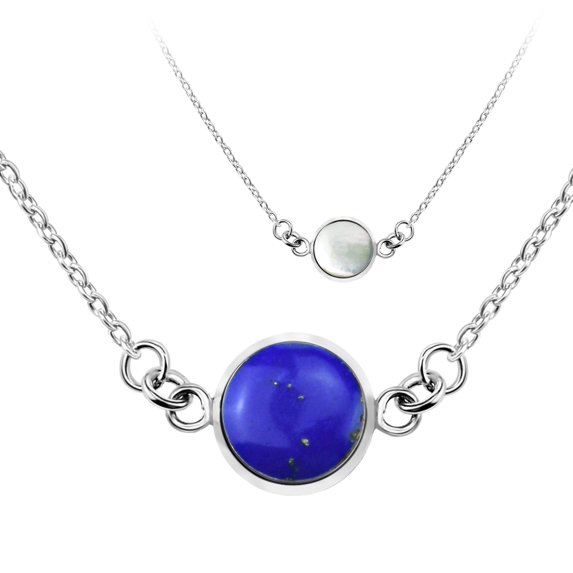 Modish Two Sided Round Blue Lapiz and White Shell Sterling Silver Necklace