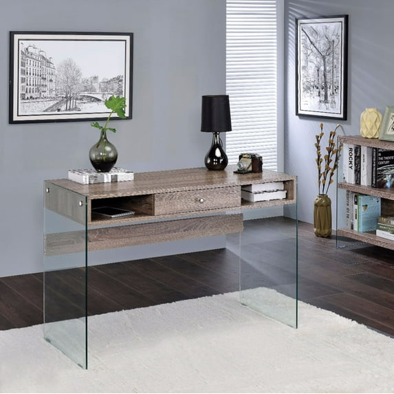 Modish Writing Desk, Clear Glass & Light Brown