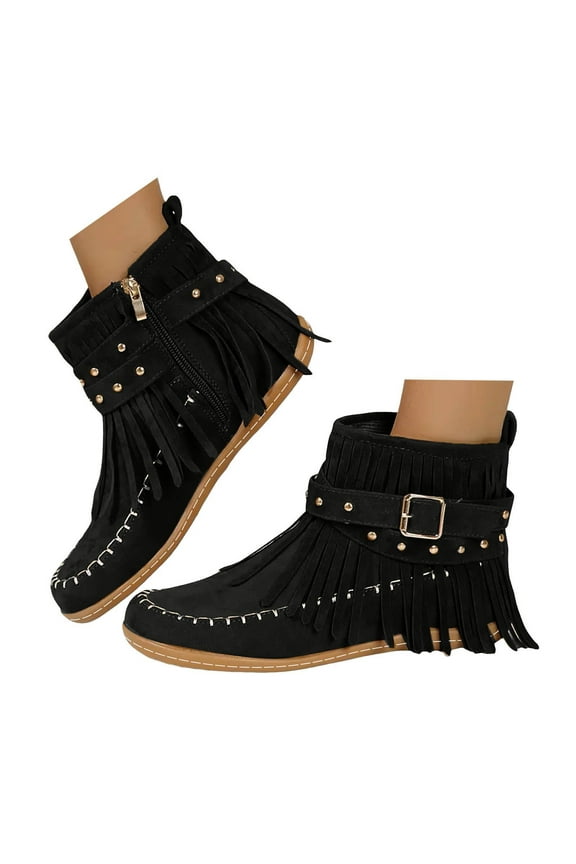 Ankle Cowboy Boots for Women Vintage Fringe Cowgirl Western Booties Suede Tassel No Heel Slip on Fall Winter Flat Shoes Black 8