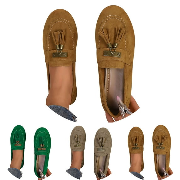 Modisza Ballet Flats Shoes for Women Closed Round Toe Mary Jane Slip on Casual Loafers Tassel Walking Driving Moccasins Brown 6