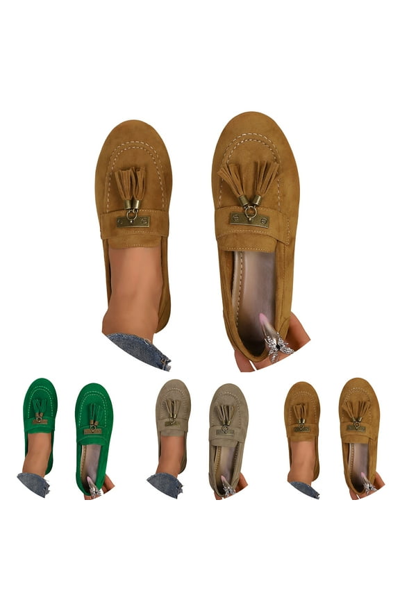 Ballet Flats Shoes for Women Closed Round Toe Mary Jane Slip on Casual Loafers Tassel Walking Driving Moccasins Brown 9.5