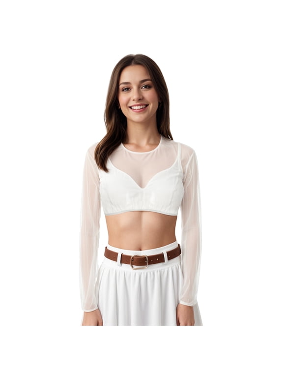 Beer Festival Crop Tops for Women Mesh Soft Long Sleeves Blouses Summer Breathable Dress Shirts for Oktoberfest White S