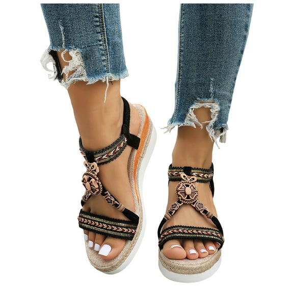 Modisza Bohemia Wedge Sandals for Women Espadrilles Platform Slip on Casual Outdoor Shoes Beach Slides with Elastic Ankle Strap Black 7.5