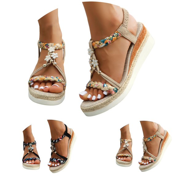 Modisza Bohemia Wedge Sandals for Women Flower Low Heel Dressy Sandal Elastic Woven Ankle Strap Summer Vacation Slip on Slides Black 9.5