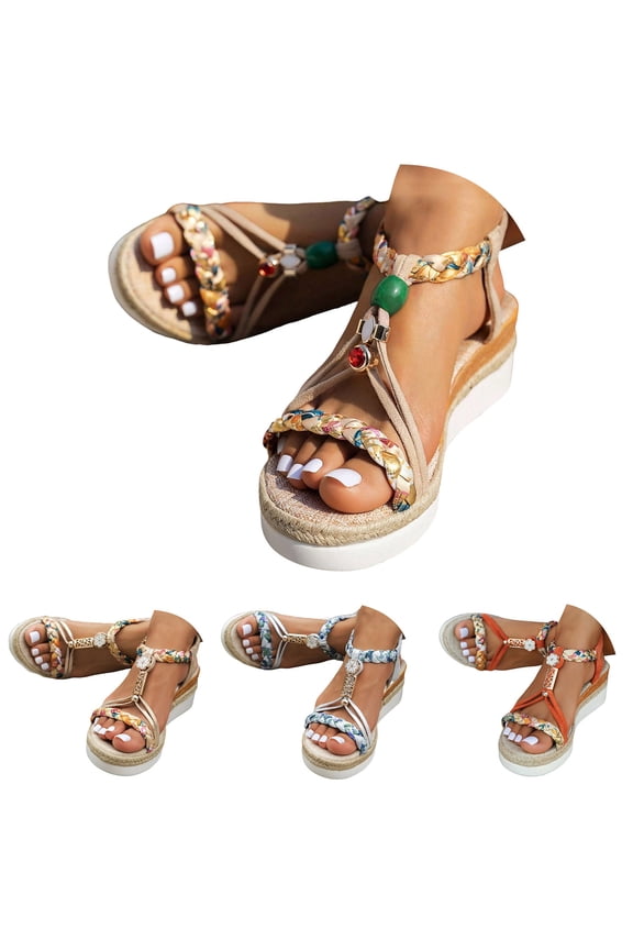 Bohemian Wedge Sandals for Women Wide Width Platform Sandal Dressy Espadrilles Slip on Slides with Woven Ankle Strap Beige 8