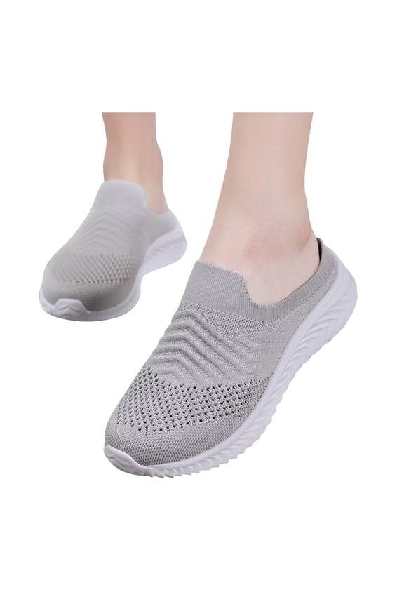Breathable Mules for Women Memory Foam Slip on Sneakers Knit Flat Shoes Lightweight Comfortable Walking Shoe Size 6.5 Grey