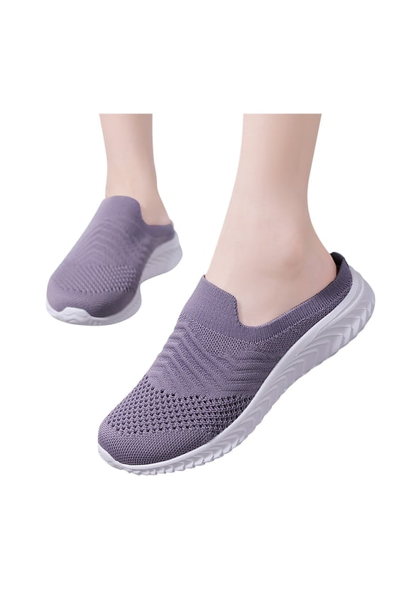 Breathable Mules for Women Memory Foam Slip on Sneakers Knit Flat Shoes Lightweight Comfortable Walking Shoe Size 6.5 Purple
