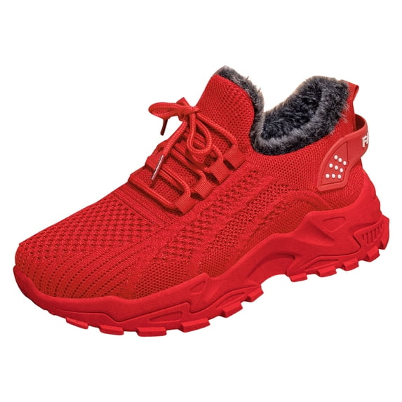 Modisza Breathable Walking Sneakers for Women Winter Fleece Lined Mesh Tennis Shoes Lace Up Arch Support Running Sneaker Red Size 8