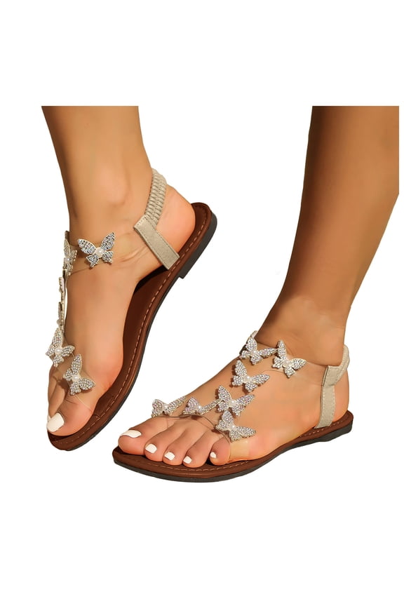 Butterfly Rhinestone Flat Sandals for Women Clear Ankle Strap Beach Shoes Ladies Summer Outdoor Walking Sandal Size 7.5 Brown