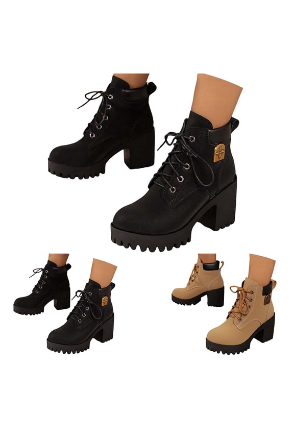 Chunky Block Heel Sneaker for Women High Top Lace Up Walking Shoes Ladies Comforable Trendy Low Heel Ankle Boots Black Size 7