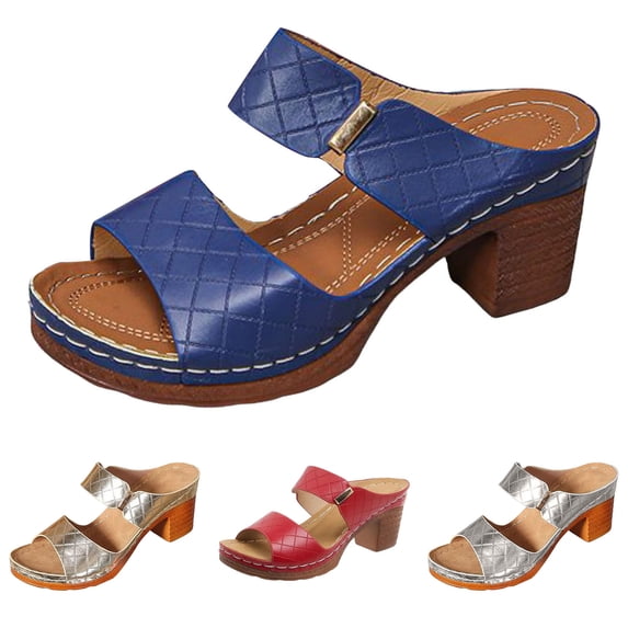 Modisza Chunky Heel Leather Sandals for Women Low Block Heeled Slip on Dress Shoes Open Toe Summer Outdoor Slide Sandal Size 6 Blue
