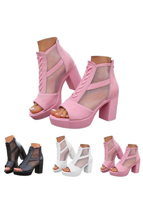 Chunky Heel Mesh Ankle Bootie Open Toe Leather Work Sandals with Back Zipper Ladies Low Block Heels Pumps Black Size 6