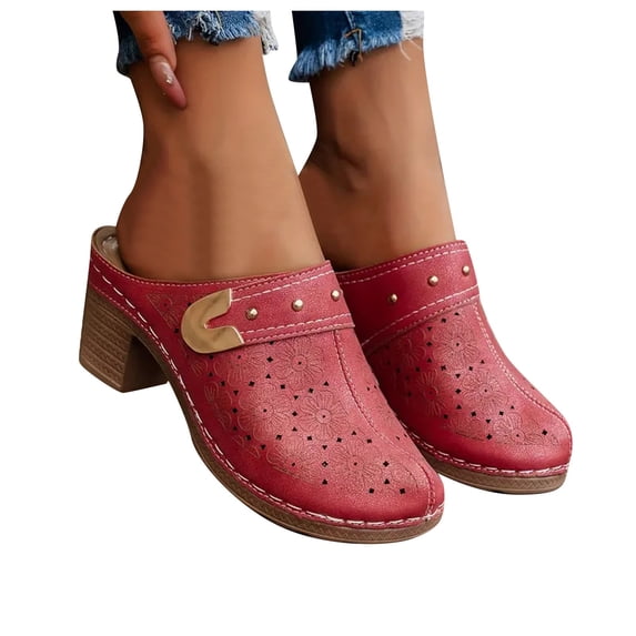 Modisza Chunky Heel Sandals for Women Leather Slip on Dressy Mules Shoes Closed Toe Summer Outdoor Low Block Heels Red Size 7.5