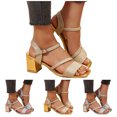 thumbnail image 1 of Modisza Chunky Heel Sandals for Women Open Toe Sparkly Wedding Party Shoes Adjustable Ankle Strap Low Block Heels Travel Sandal 6 Gold, 1 of 8