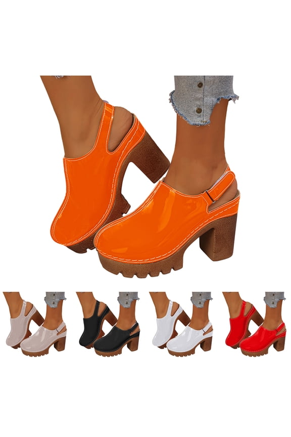 Chunky Heel Sandals for Women Platform Closed Toe Ankle Strap Mules Wide Width Wedge Slide Shoes with Hook and Loops Orange 6