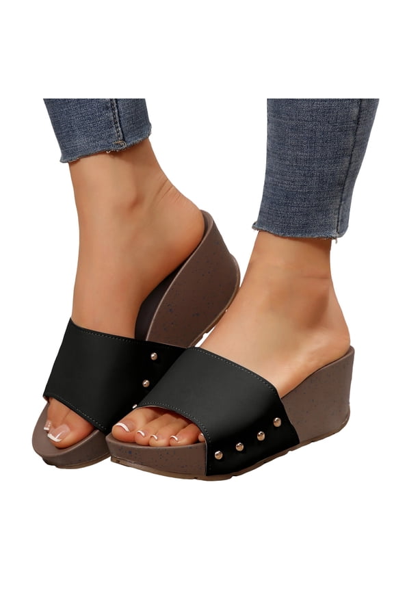 Chunky Platform Slides for Women Rivets Leather Wedge Sandals Summer Slip on Beach Shoes Ladies Arch Support Sandal 7.5 Black