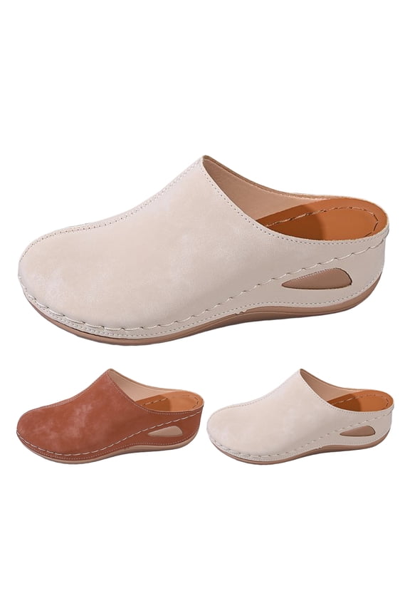 Closed Toe Mules for Women Orthopedic Wedge Slides Comfortable Walking Slip on Flat Shoes for Ladies Outdoor size 7.5 Beige