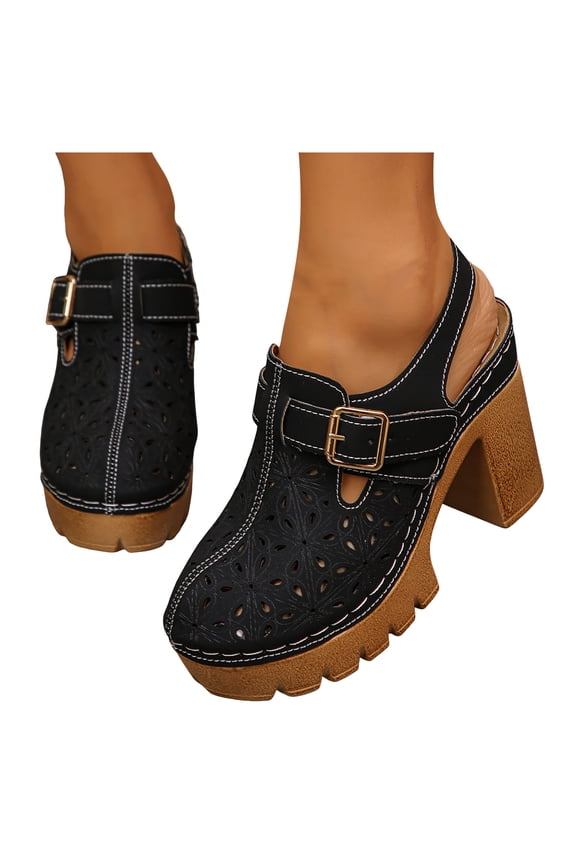Closed Toe Sandals for Women Chunky Heel Hollow Out Floral Mules Slip on Walking Platform Shoes with Ankle Strap Black 9